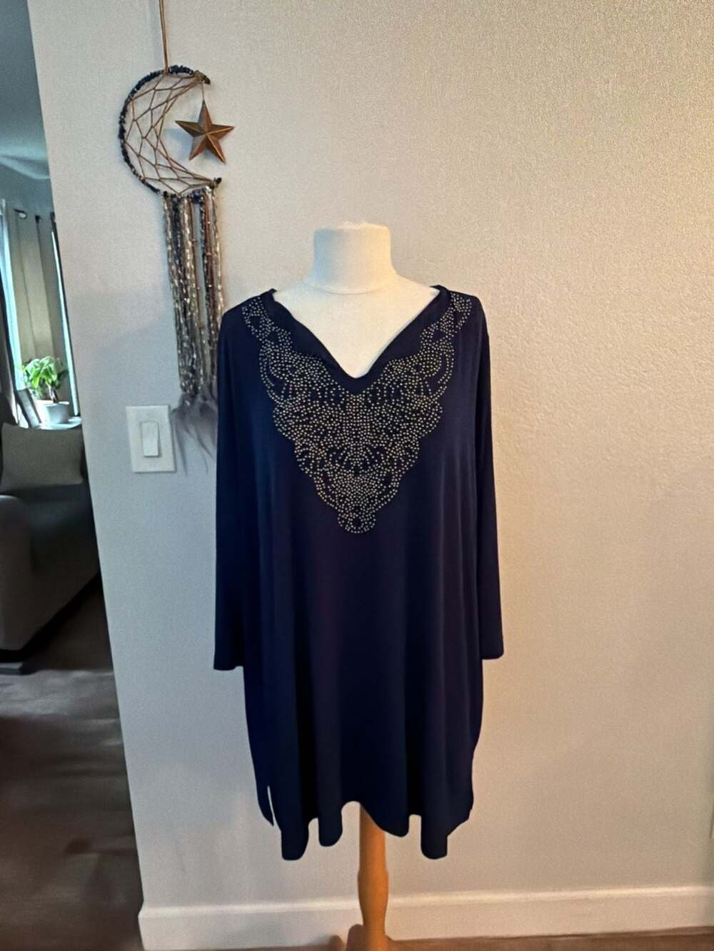 Susan Graver Navy Blue Studded V-Neck Tunic Top Size 3X